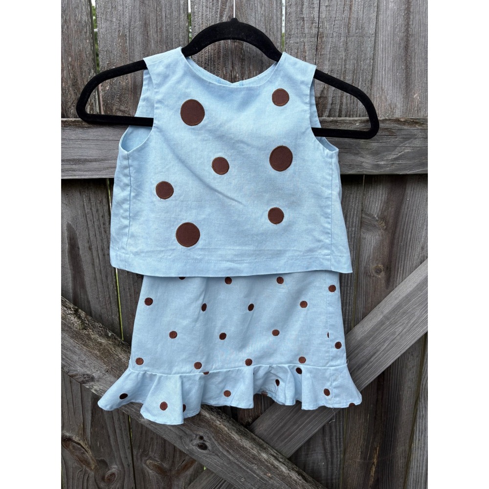 VTG Funtasia Too Girls Blue Brown Polka Dot Linen Skirt Set Size 5 Made in USA